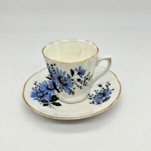 Vintage/Antique Royal Dover Bone China Teacup and Saucer Blue Daisy W/Gold Trim~